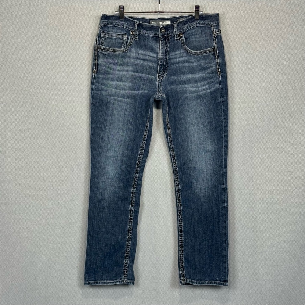 BKE Jeans Men 36S Blue Jake Straight Leg Distressed Stretch Dark Wash Denim